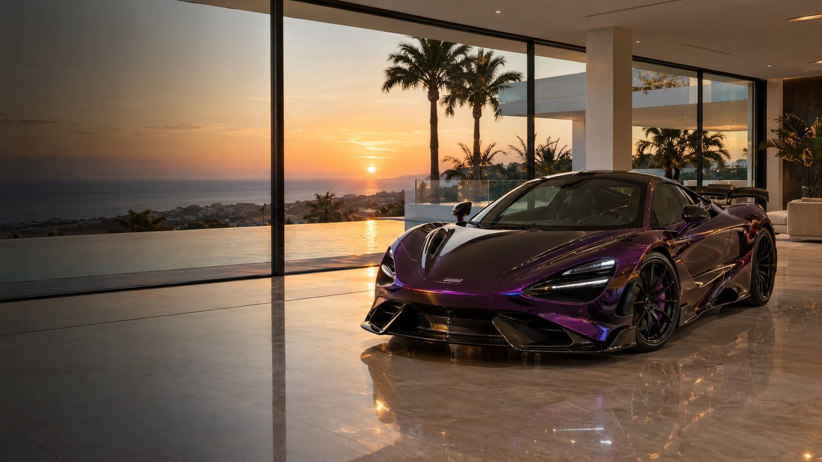 McLaren supercar inside a modern villa overlooking the sea at sunset